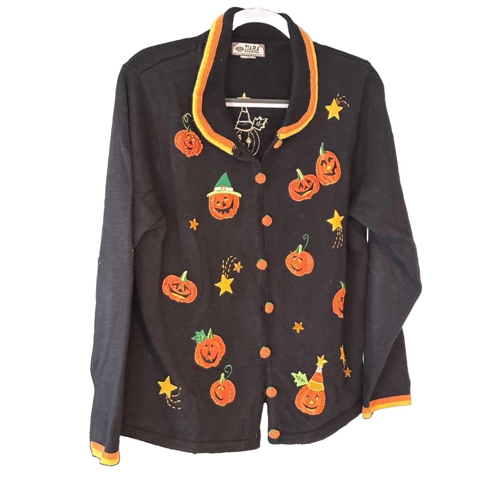 Vintage 90s Tiara Halloween Sweater Cardigan Pumpkins Jack O' Lanterns